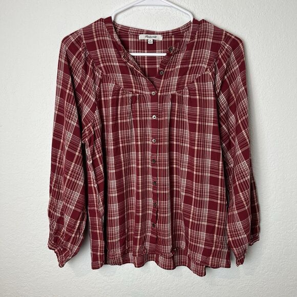 Madewell Shirt Womens XS Red Plaid Button Front Long Sleeve Gathered Yoke Boho - Picture 1 of 8